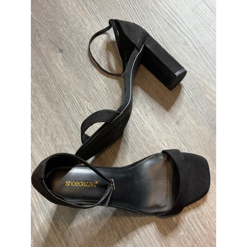 Shoedazzle Black Faux Suede Block Heel Sandals Square Toe Ankle Strap Heels